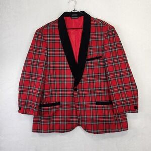 Zacchi Red Plaid Tartan Smoking Jacket Velvet Shawl Collar Mens Blazer L